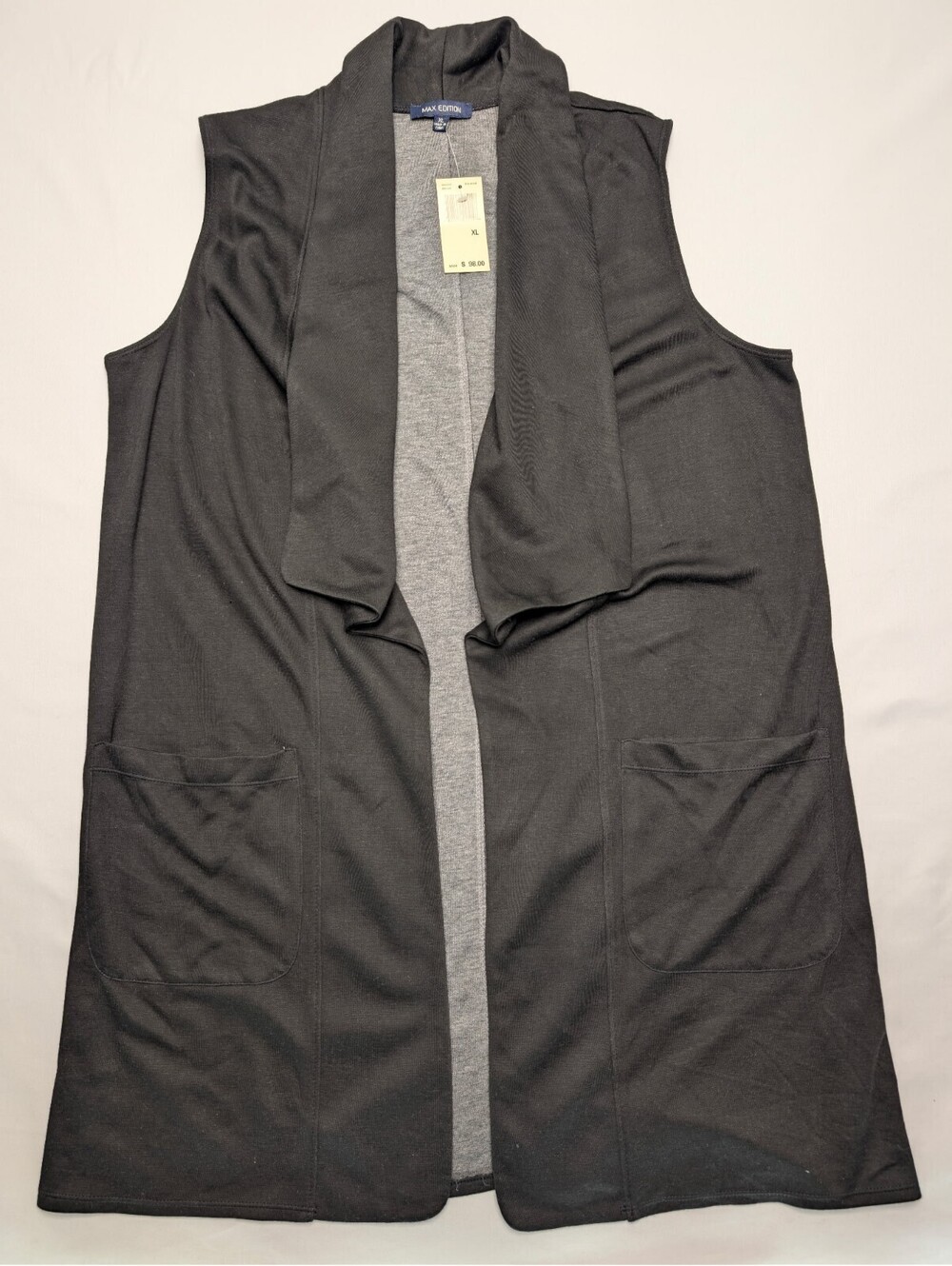 NWT Max Edition Blk Open-Front Sleeveless Long Cardigan Draped Collar Pockets XL
